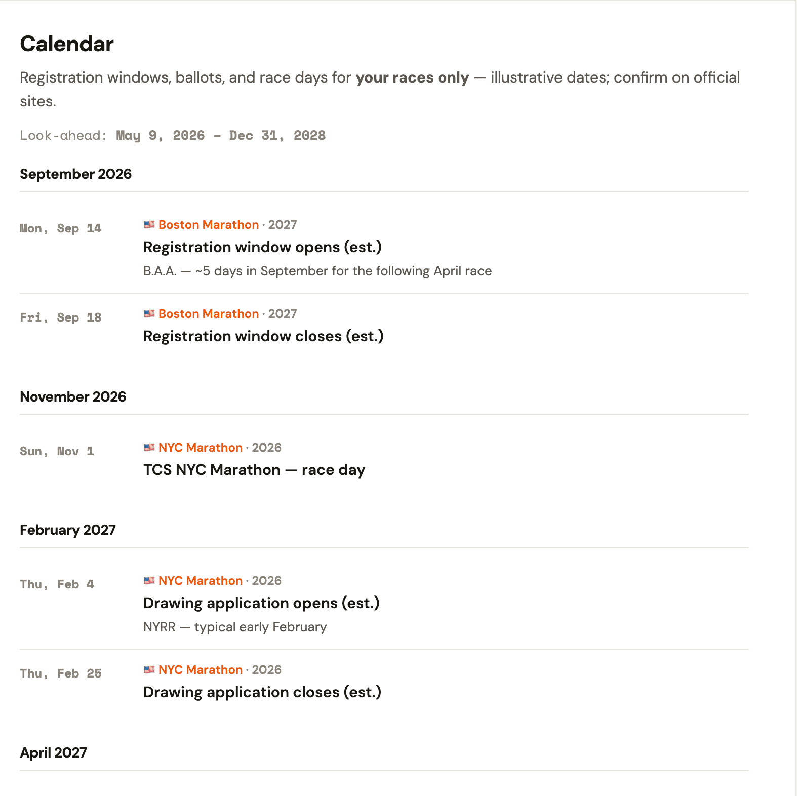 RaceDrop calendar view showing upcoming registration and race-day milestones by month.