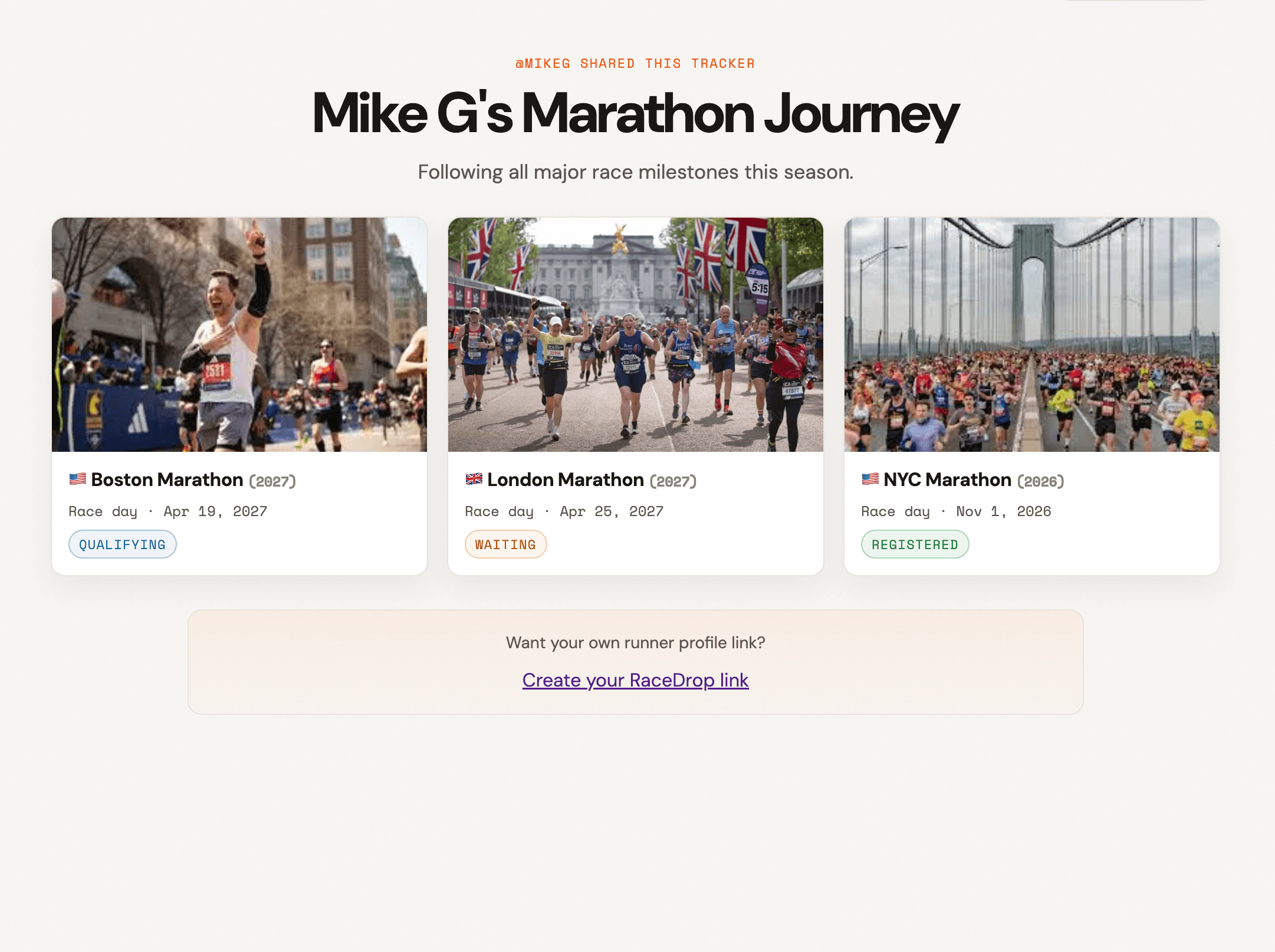 RaceDrop share modal with copy link action and a visitor preview including reminders form.